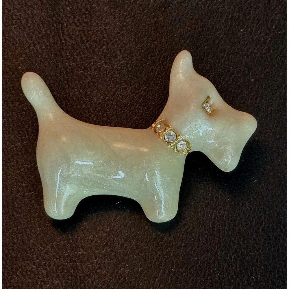 Vintage SFJ Scottie Dog Brooch White Enamel Scottish Terrier Rhinestone Collar